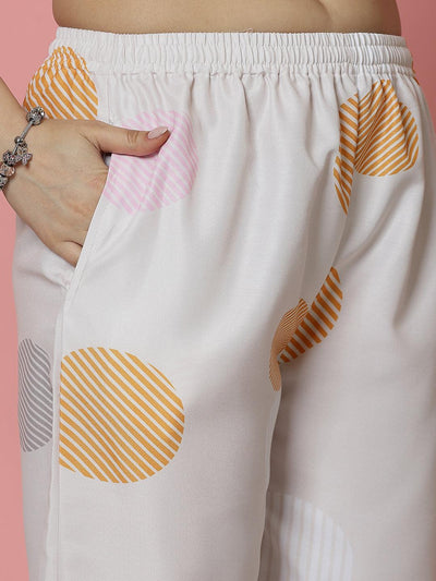 Off-White printed kaftan and trousers set with embellished V-neck and waist tie-ups.