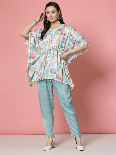 Multi embellished kaftan with trousers co-ords featuring a printed design, embellished round-neck, and sea green trousers.