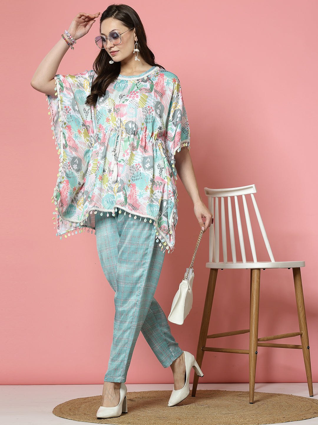 Multi embellished kaftan with printed trousers co-ords set.