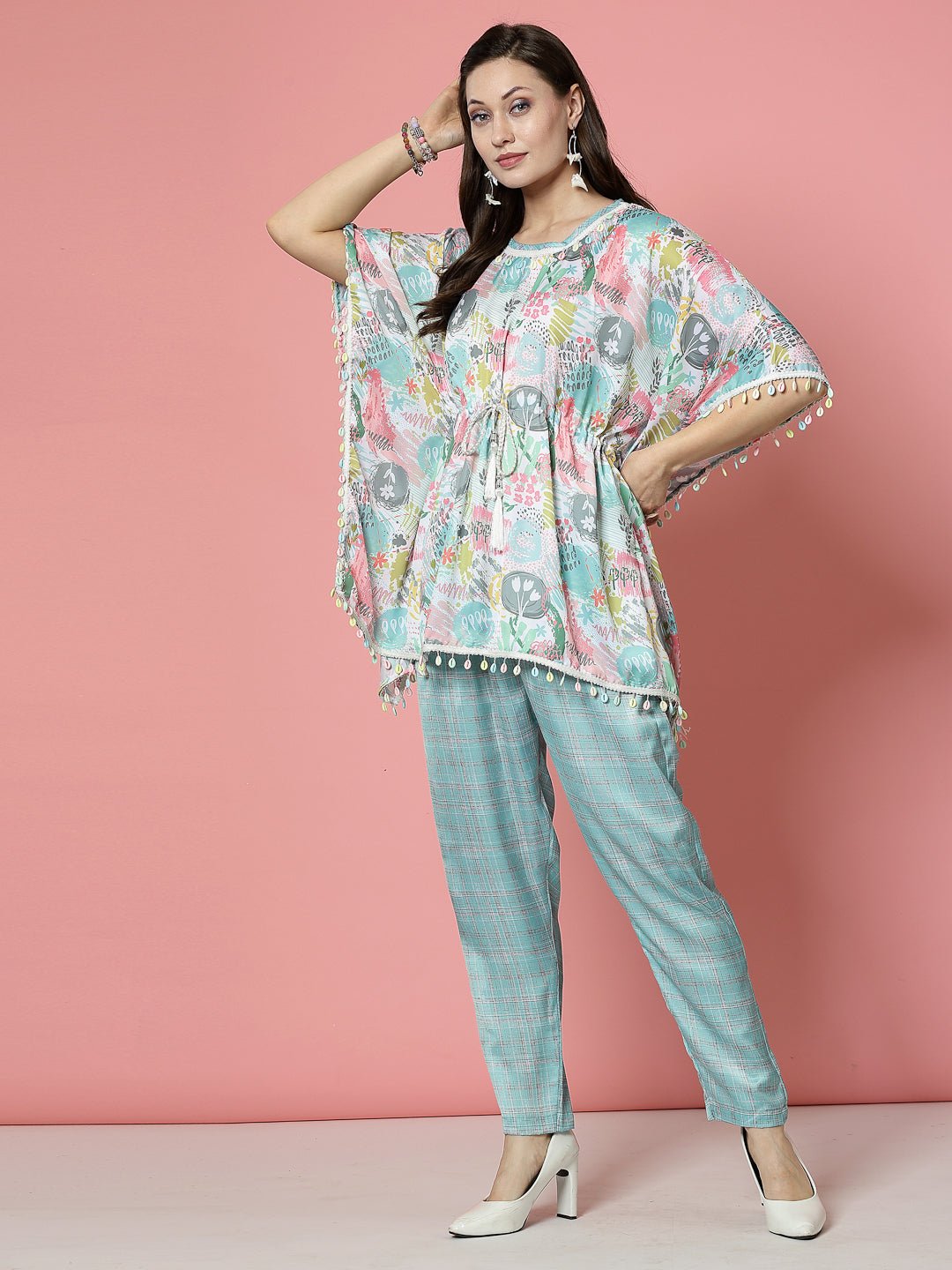 Multi embellished kaftan with printed trousers, featuring round-neck tie-ups and elastic waistband.