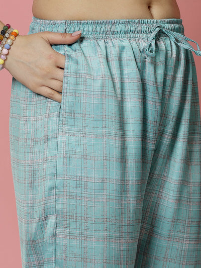 Multi embellished kaftan and sea green trousers set with elastic waistband and slip-on closure.