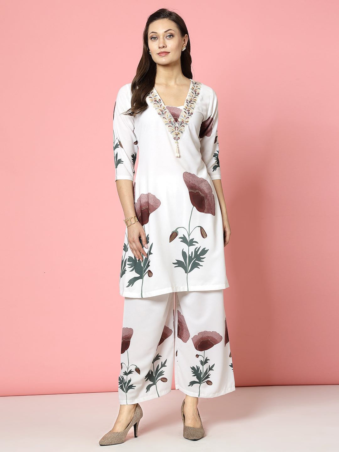Floral printed V-neck kurta with palazzo set in off-white and brown.
