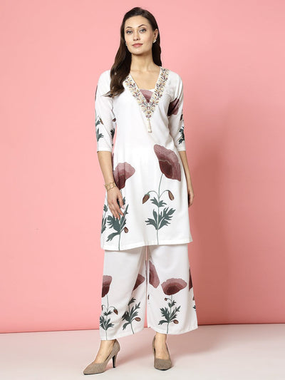 Floral printed V-neck kurta with palazzo set in off-white and brown.