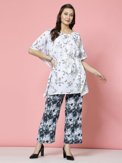 Floral printed kaftan with trousers co-ords, featuring a white and black floral print, round neck, and waist tie-ups.