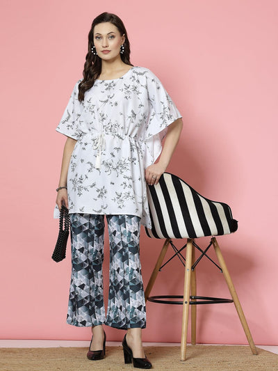 Floral print kaftan with trousers set, featuring a round neck, waist tie-ups, and geometric patterned trousers.