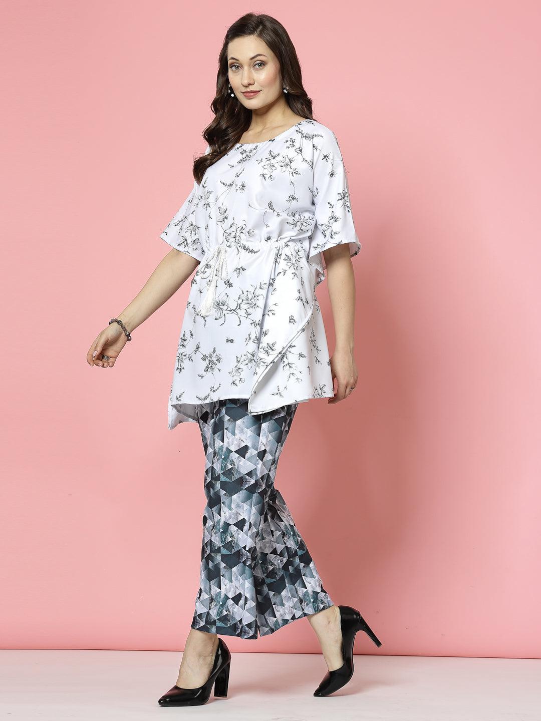 Floral print kaftan with trousers, white and black with round neck and waist tie-ups.