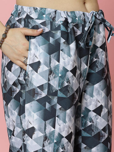 Floral print kaftan with trousers, featuring black and white geometric design, round neck, and waist tie-ups.