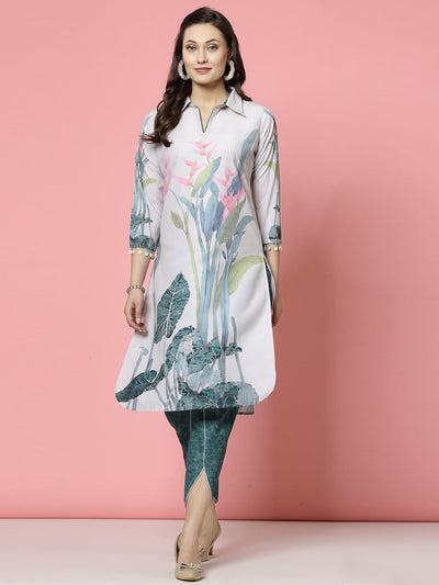 Floral printed shirt collar kurta with dhoti pants, beige and green, three-quarter sleeves.