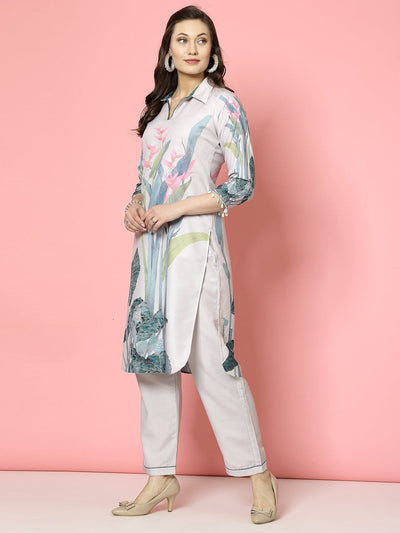 Floral printed shirt collar kurta with trousers set in beige and green.