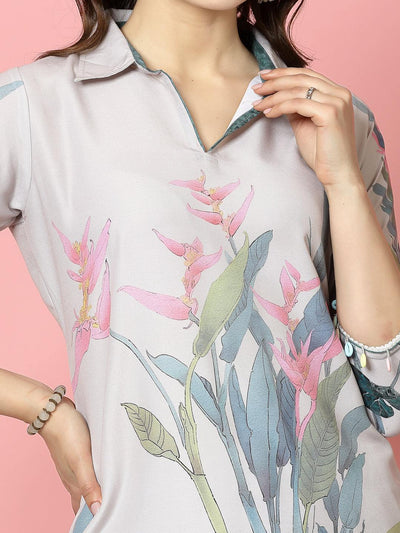 Floral printed shirt collar kurta with three-quarter sleeves.