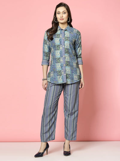 Blue floral printed shirt with three-quarter sleeves and striped trousers co-ords set.