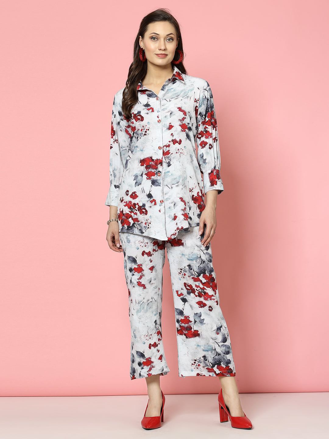Grey floral printed shirt with trousers co-ords, featuring a digital print in white, maroon, and grey, puff sleeves, and straight fit trousers.