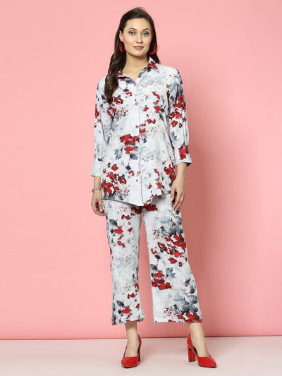 Grey floral printed shirt with trousers co-ords, featuring a digital print in white, maroon, and grey, puff sleeves, and straight fit trousers.