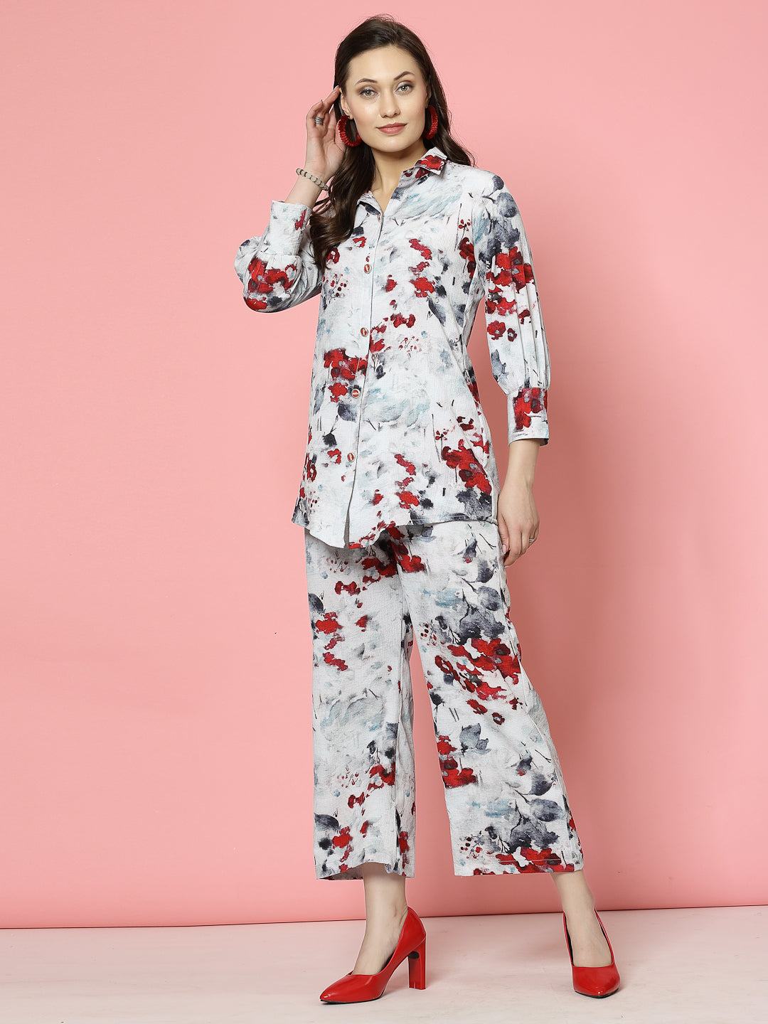 Grey floral printed shirt and trousers co-ords with maroon accents, featuring three-quarter puff sleeves and elastic waistband.