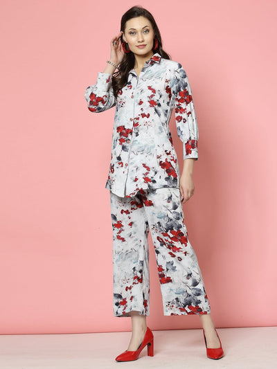 Grey floral printed shirt and trousers co-ords with maroon accents, featuring three-quarter puff sleeves and elastic waistband.