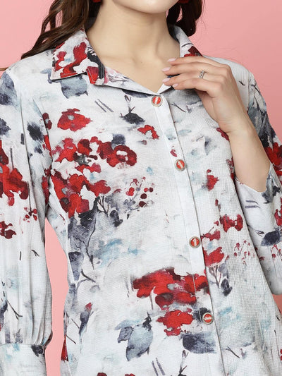 Grey floral printed shirt with maroon accents and puff sleeves.