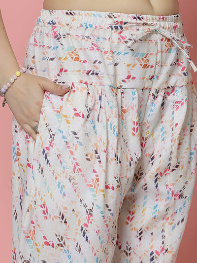 Geometric digital printed tunic top with dhoti pants in off-white and multicolored design.