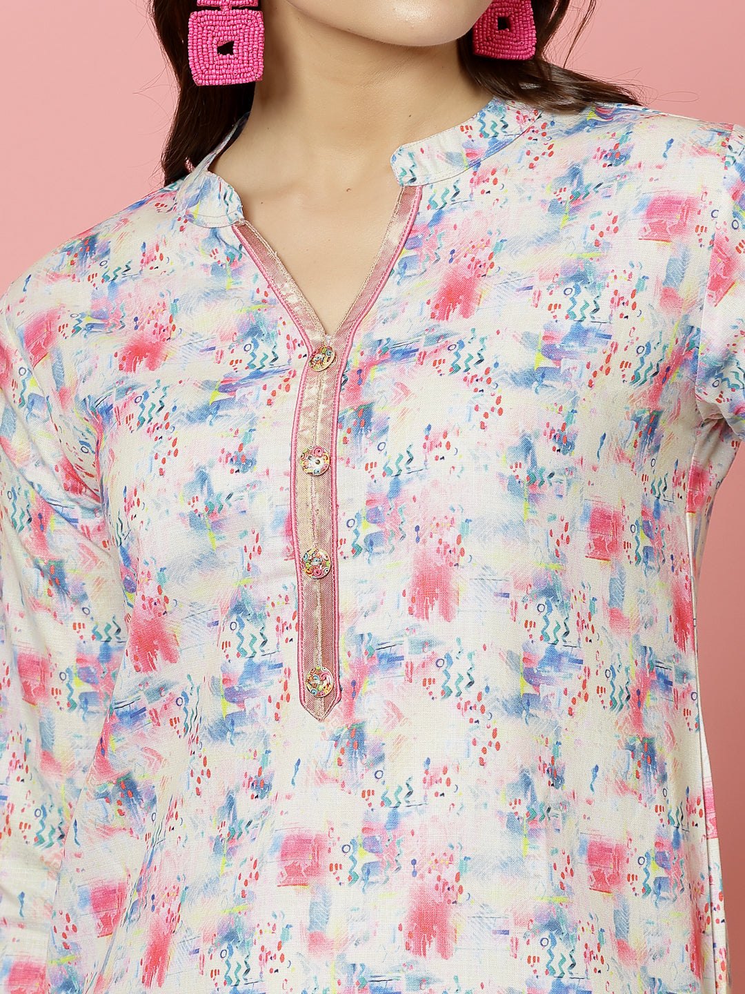 Abstract digital printed tunic top with mandarin collar and three-quarter sleeves.