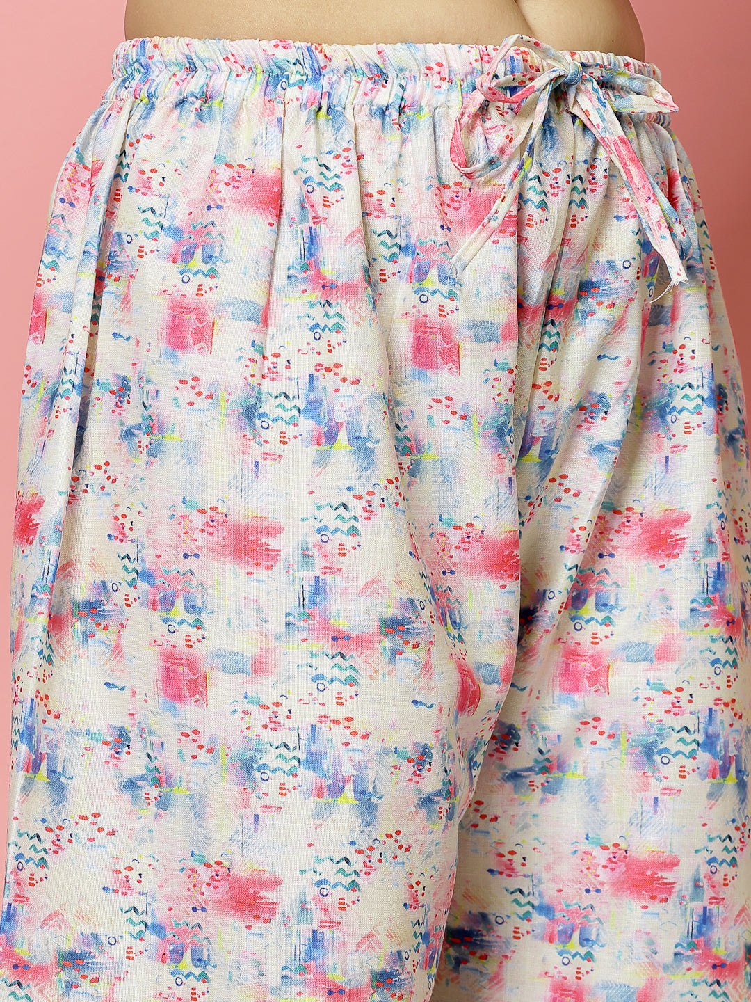 Abstract digital printed tunic top with Afghani pants, multicolored design, elastic waistband.