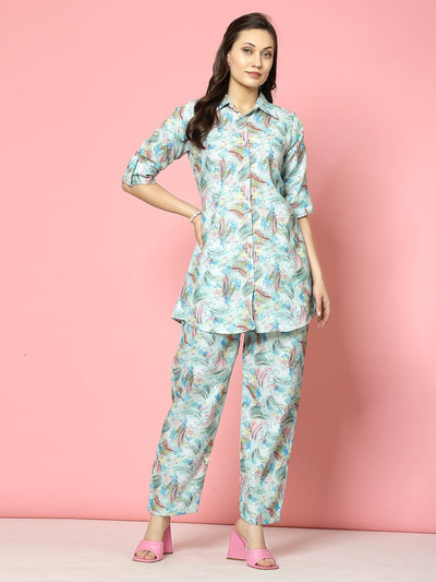 Abstract printed shirt and trousers co-ords with button placket and elastic waistband.
