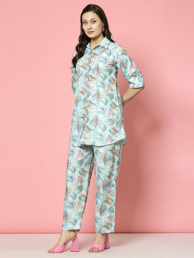 Abstract printed shirt with trousers co-ords, three-quarter roll-up sleeves, elasticated waistband.