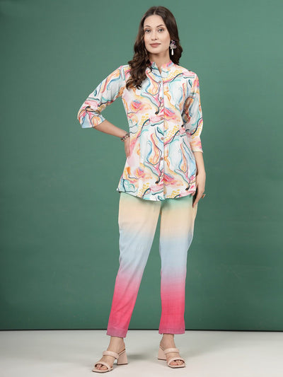 Pink ombre design printed shirt and trousers co-ords with abstract pattern and mandarin collar.