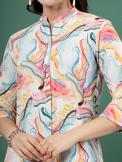 Pink ombre design printed shirt with abstract pattern and mandarin collar.