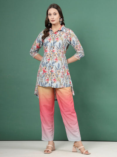 Light Blue Ombre Design Printed Shirt and Trousers Co-Ords with Floral Pattern