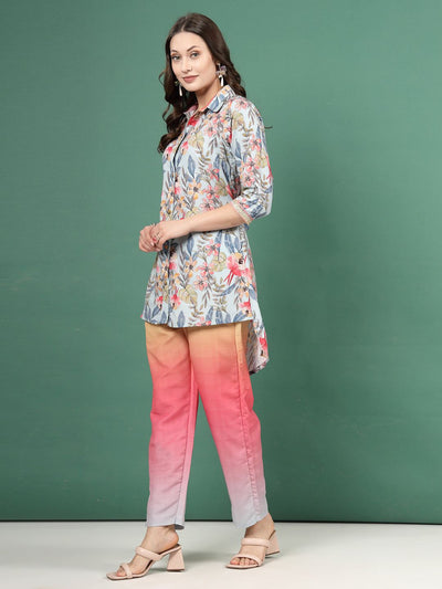Light blue ombre design printed shirt and trousers co-ords with floral patterns.