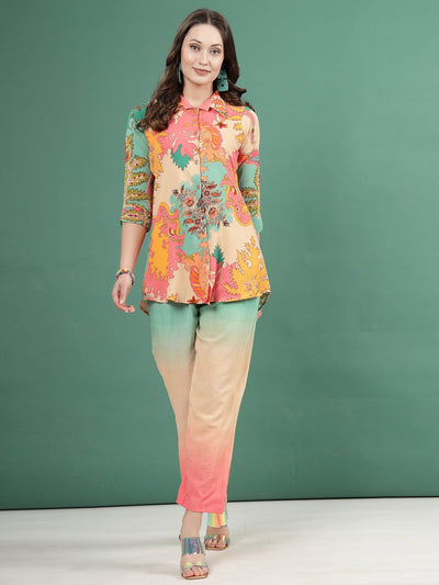 Abstract printed shirt with ombre trousers co-ords, featuring three-quarter sleeves, shirt collar, and elasticated waistband.