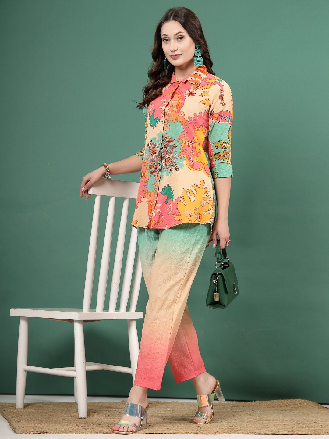 Abstract printed shirt with ombre trousers co-ords, featuring three-quarter sleeves and elasticated waistband.