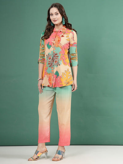 Abstract printed shirt with ombre trousers, three-quarter sleeves, and shirt collar co-ords.