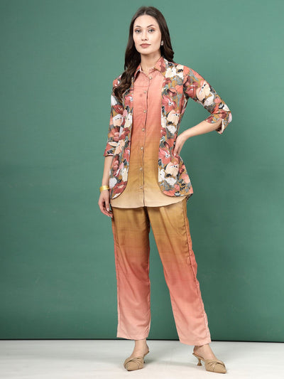 Peach ombre design printed shirt with floral pattern and matching trousers co-ords.