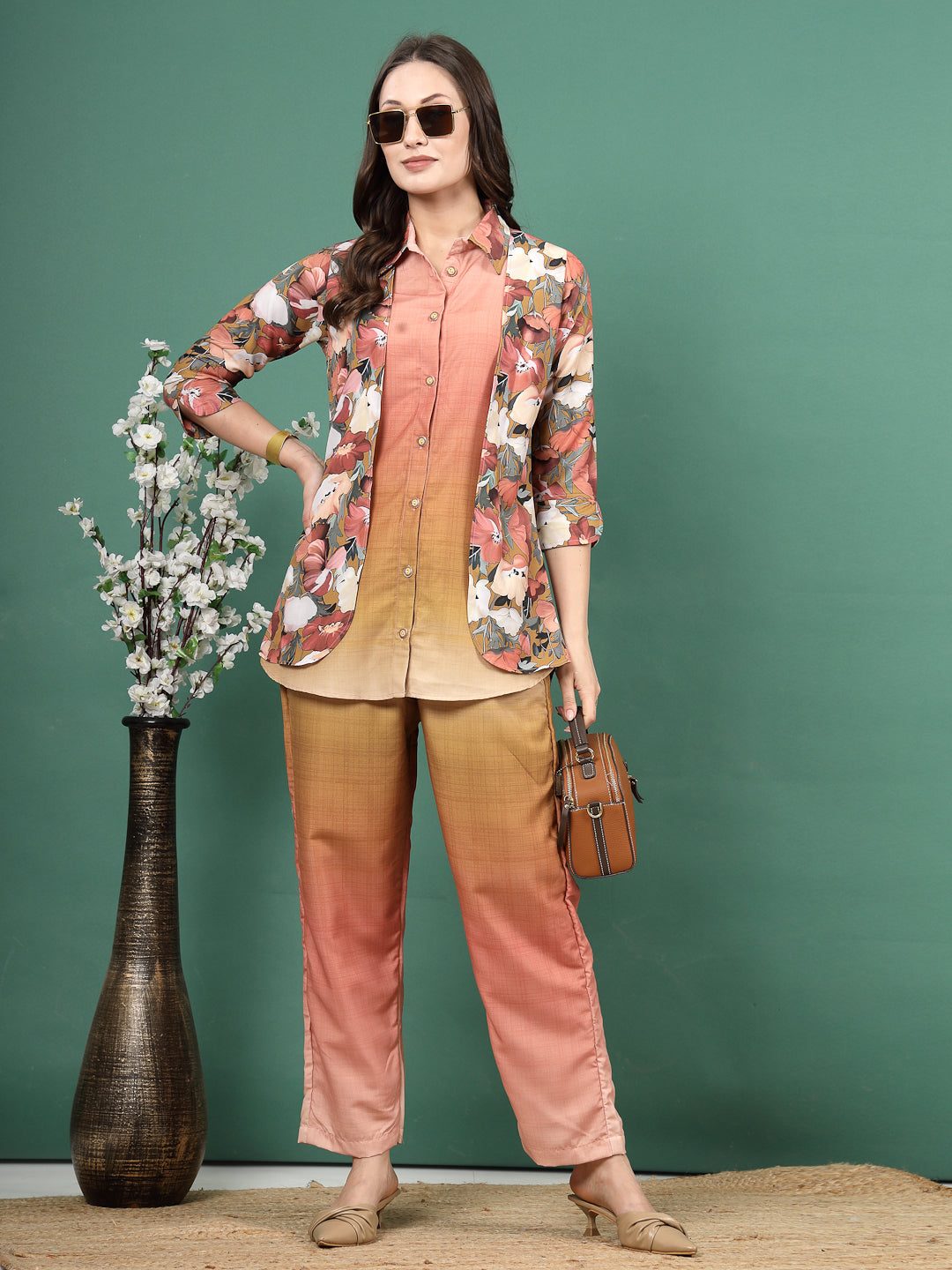 Peach ombre design printed shirt with trousers co-ords featuring floral pattern and three-quarter sleeves.