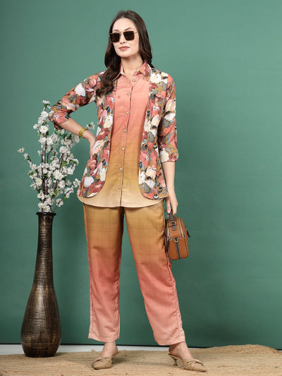 Peach ombre design printed shirt with trousers co-ords featuring floral pattern and three-quarter sleeves.