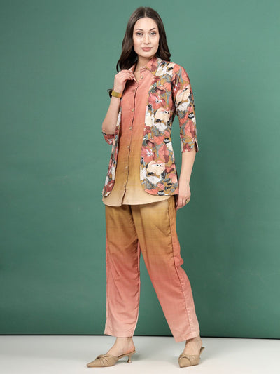 Peach ombre design printed shirt with floral pattern and matching trousers co-ords.