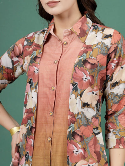 Peach ombre design printed shirt with floral pattern and three-quarter sleeves.