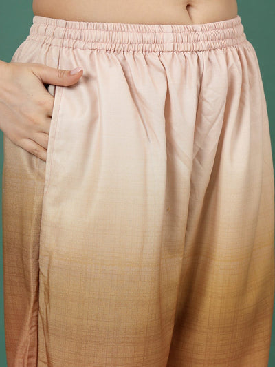 Peach ombre design printed trousers with elastic waistband and straight fit.