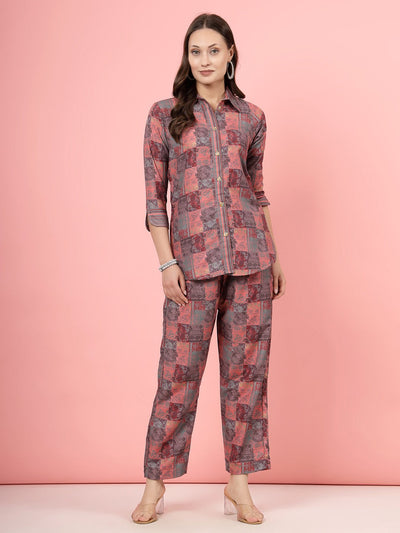 Peach floral printed shirt with trousers co-ords, featuring three-quarter sleeves and striped trousers.