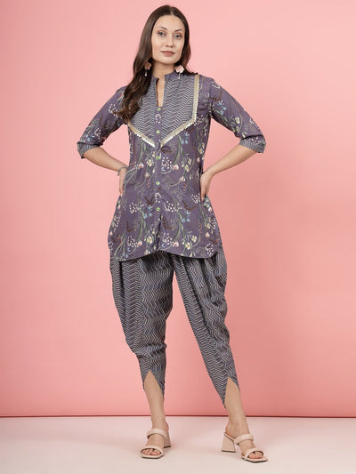 Floral printed embellished kurti with dhoti pants in grey and green, featuring three-quarter sleeves and mandarine collar.