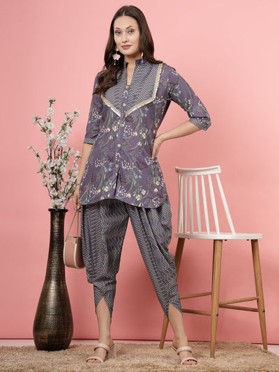Embellished floral printed tunic with dhoti co-ords featuring three-quarter sleeves and mandarin collar.