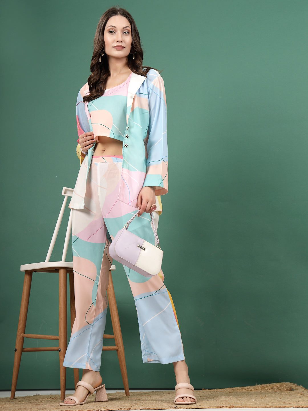 Sky Blue Abstract Printed Three Piece Blazer Co-Ord Set with Cropped Top and Trousers