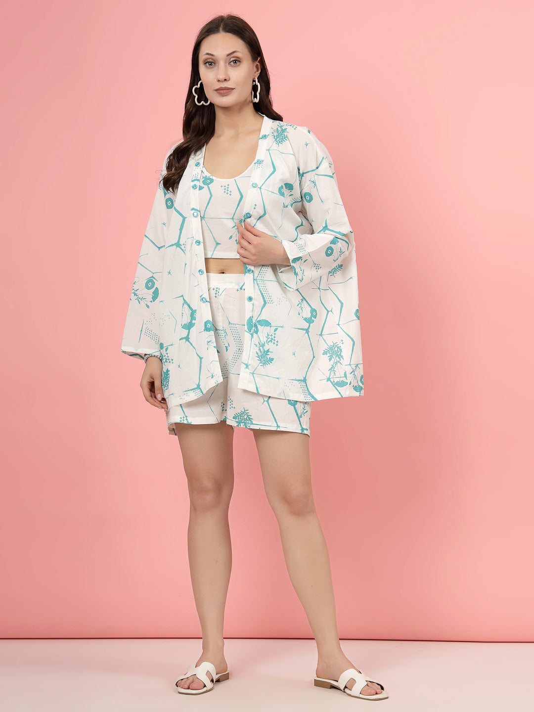 Floral printed pure cotton co-ords with crop top, shorts, and loose-fit jacket.