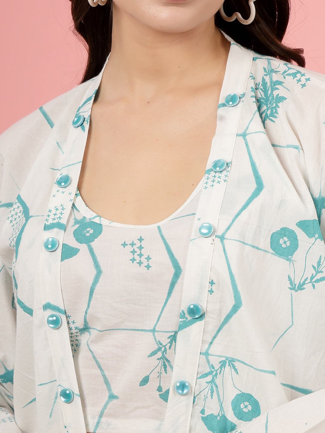 Floral printed pure cotton top with matching shorts and jacket co-ords.