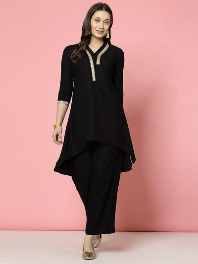 Black embellished V-neck kurta with three-quarter sleeves and matching palazzo set.