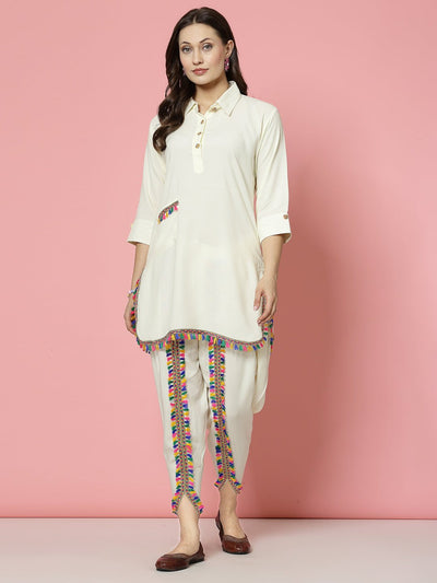Embellished off-white shirt collar kurti with dhoti pants set featuring three-quarter sleeves.
