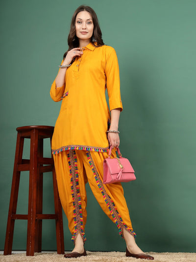 Embellished shirt collar kurti with mustard dhoti pants set.