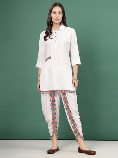 Embellished shirt collar kurti with dhoti pants, white, three-quarter sleeves.