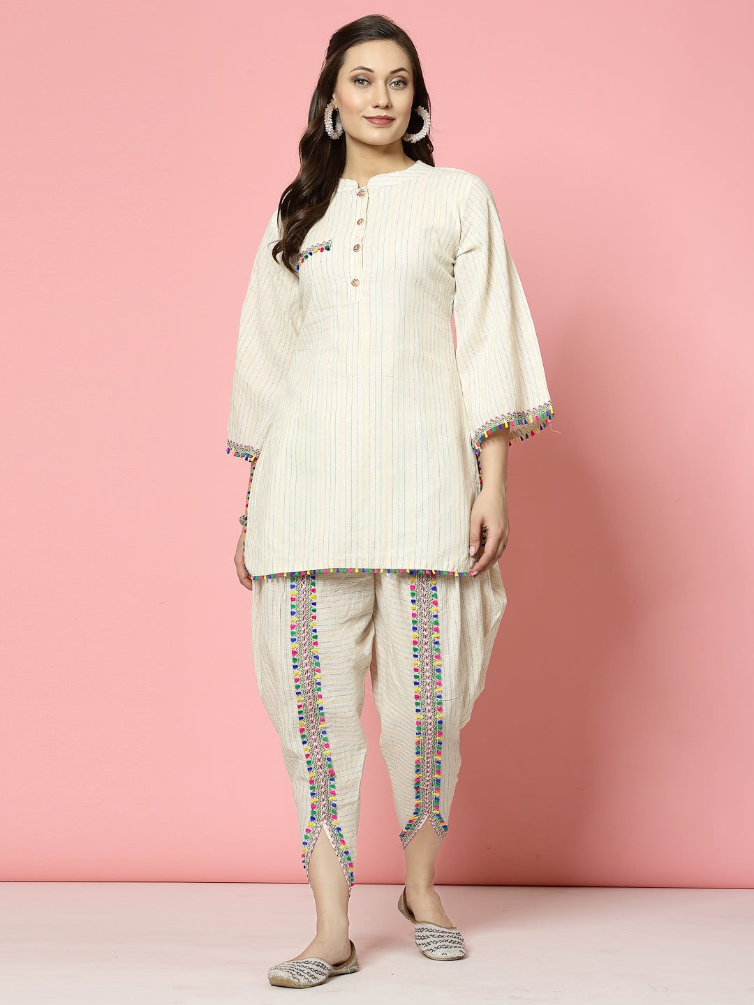 Kantha work mandarin collar kurti with matching dhoti pants in cream and multicolour.