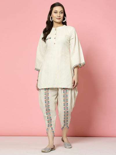Kantha work mandarin collar kurti with matching dhoti pants in cream and multicolour.